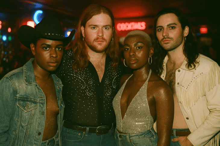 A group of queer country artists in rhinestones and denim posing under neon lights in a bar.
