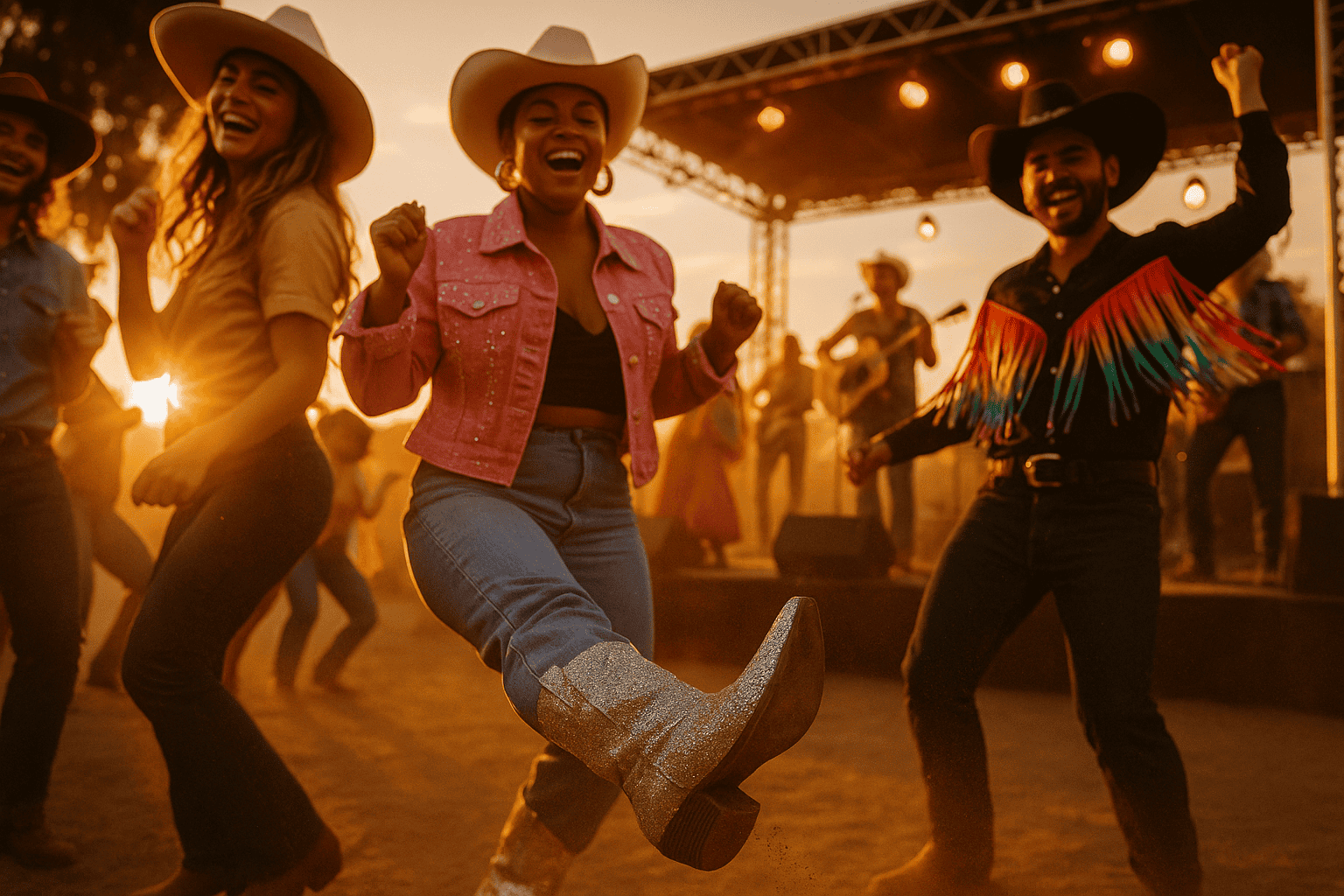 Queer country fans in cowboy hats and rainbow fringe dancing in front of a stage at sunset during a festival.