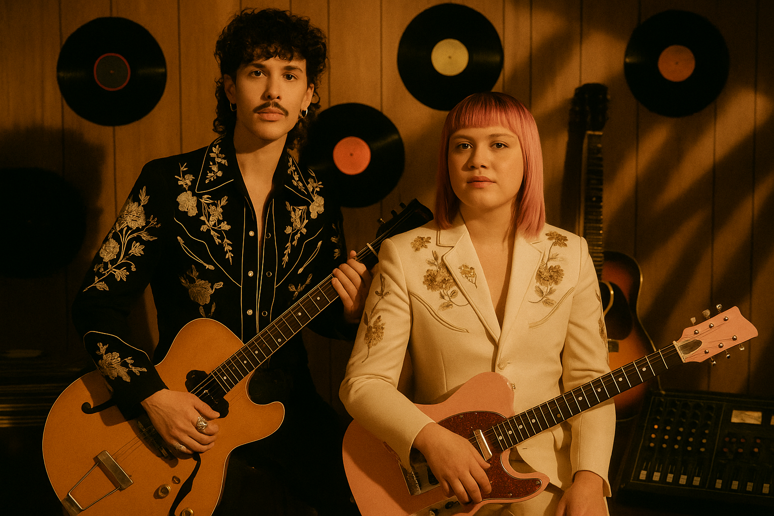 Queer country artists posed with guitars and vinyl in a warmly lit studio.