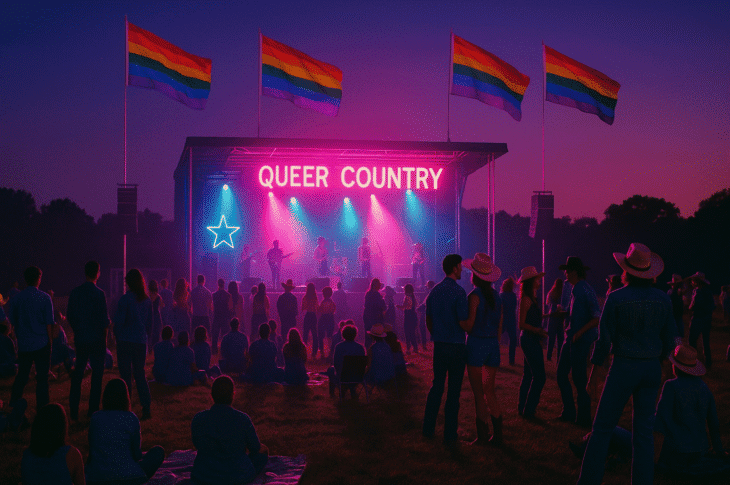 A twilight queer country festival with rainbow flags above a diverse crowd under magenta and cyan lights.