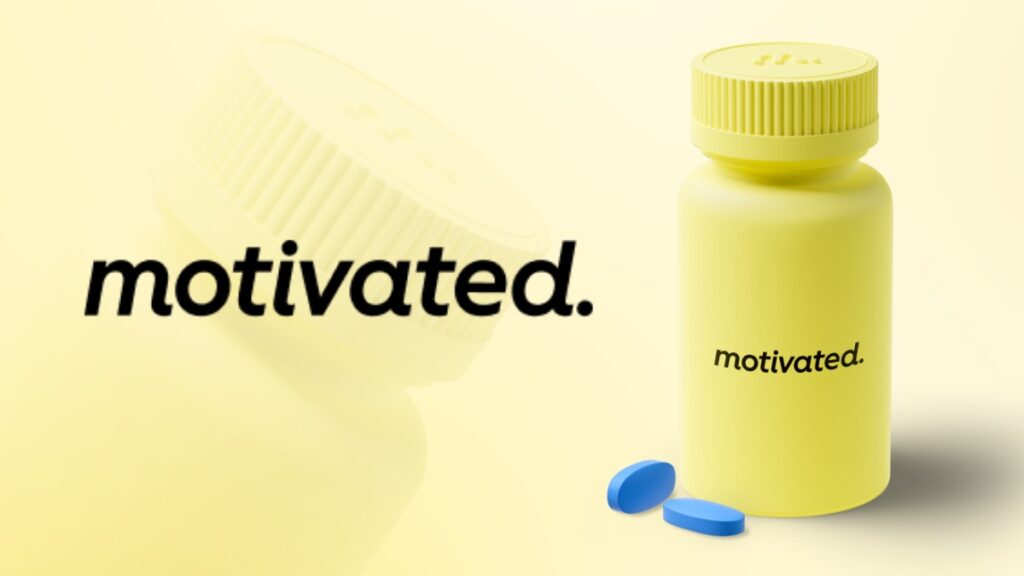 a yellow bottle with blue pills