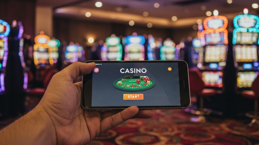 A person holding a phone showing an online casino app