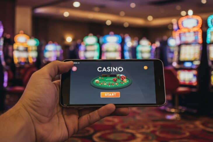 A person holding a phone showing an online casino app