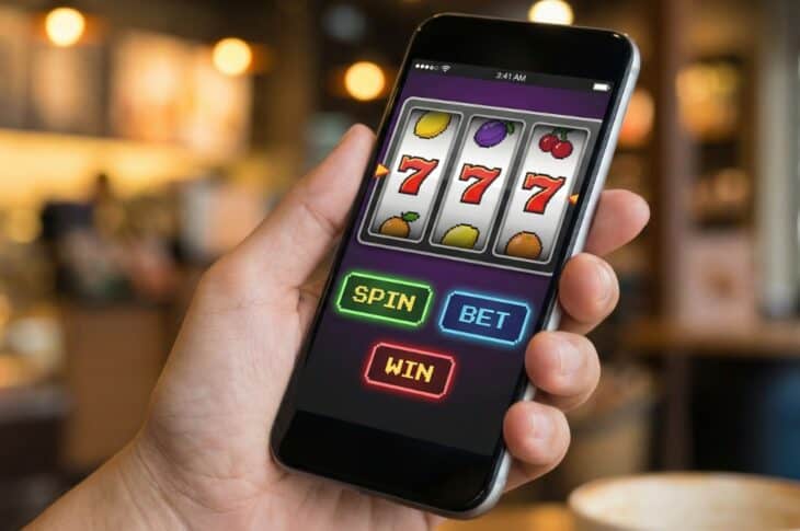 Person holding a smartphone displaying online slots