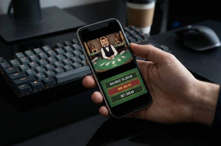 Person holding a smartphone displaying live dealer online casino
