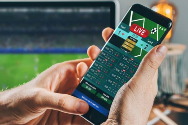 A person holding a smartphone displaying online betting site