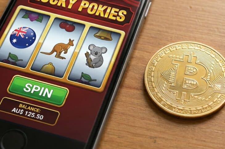 Online casino displayed on a smartphone next to a bitcoin
