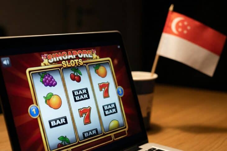 Online casino displayed on laptop with Singapore flag in the background