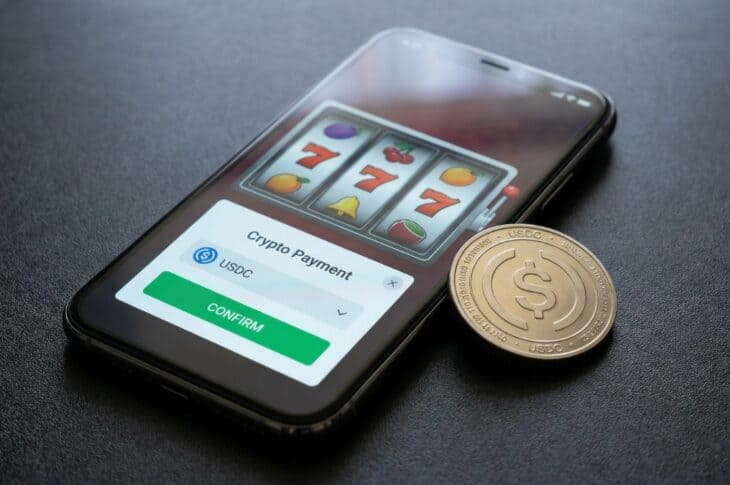 USDC coin next to a smartphone